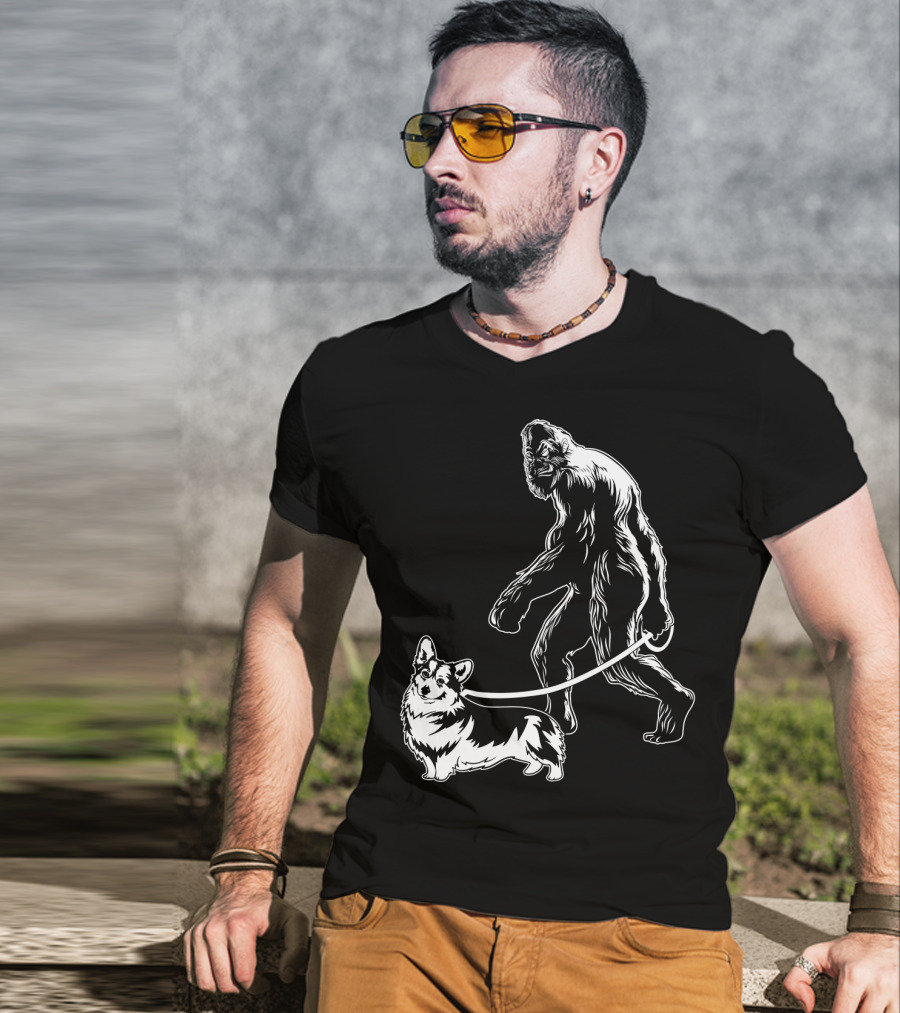 Bigfoot Walking Corgi Dog T-Shirt