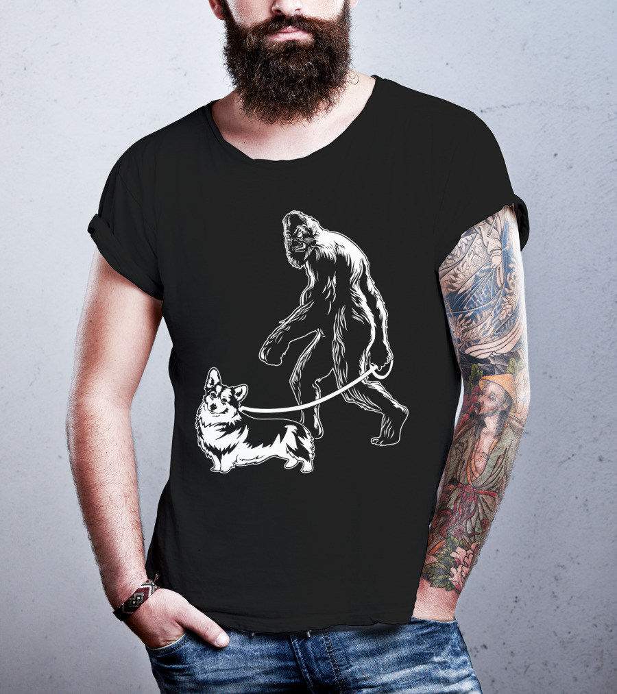 Bigfoot Walking Corgi Dog T-Shirt