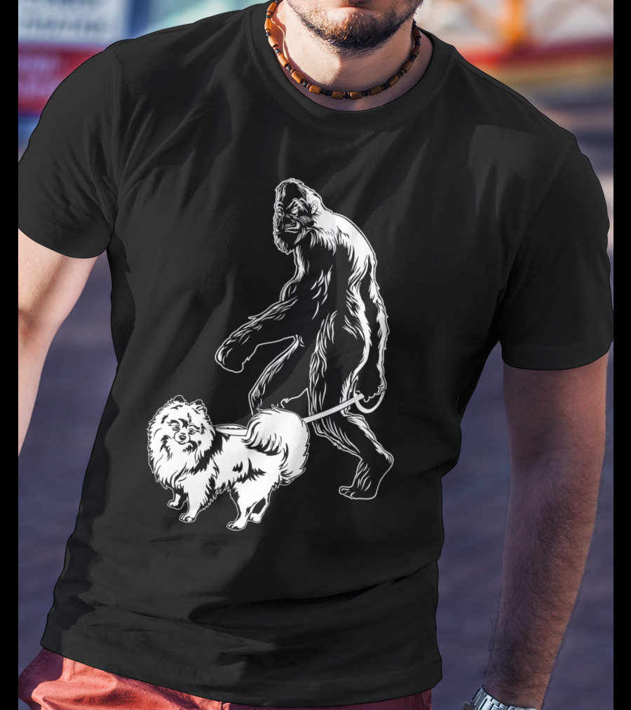 Bigfoot Walking Pomeranian Dog T-Shirt