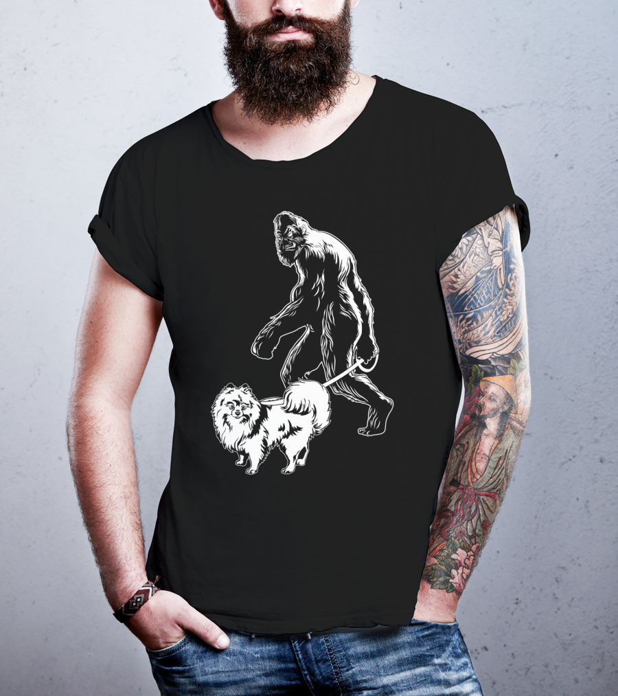 Bigfoot Walking Pomeranian Dog T-Shirt