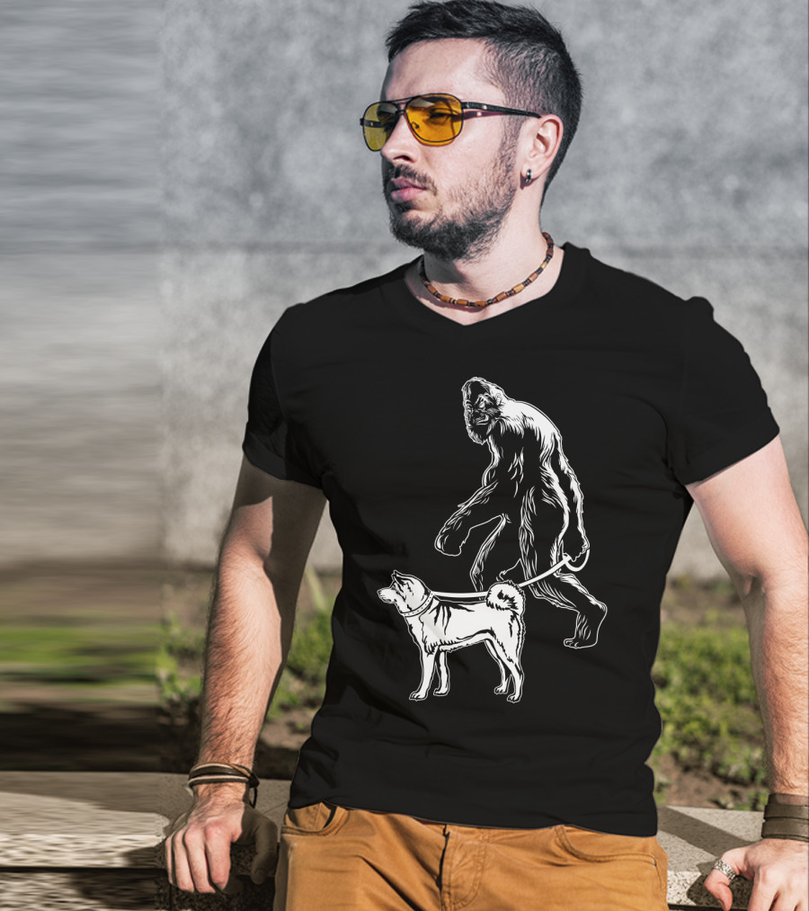 Bigfoot Walking Akita Dog T-Shirt