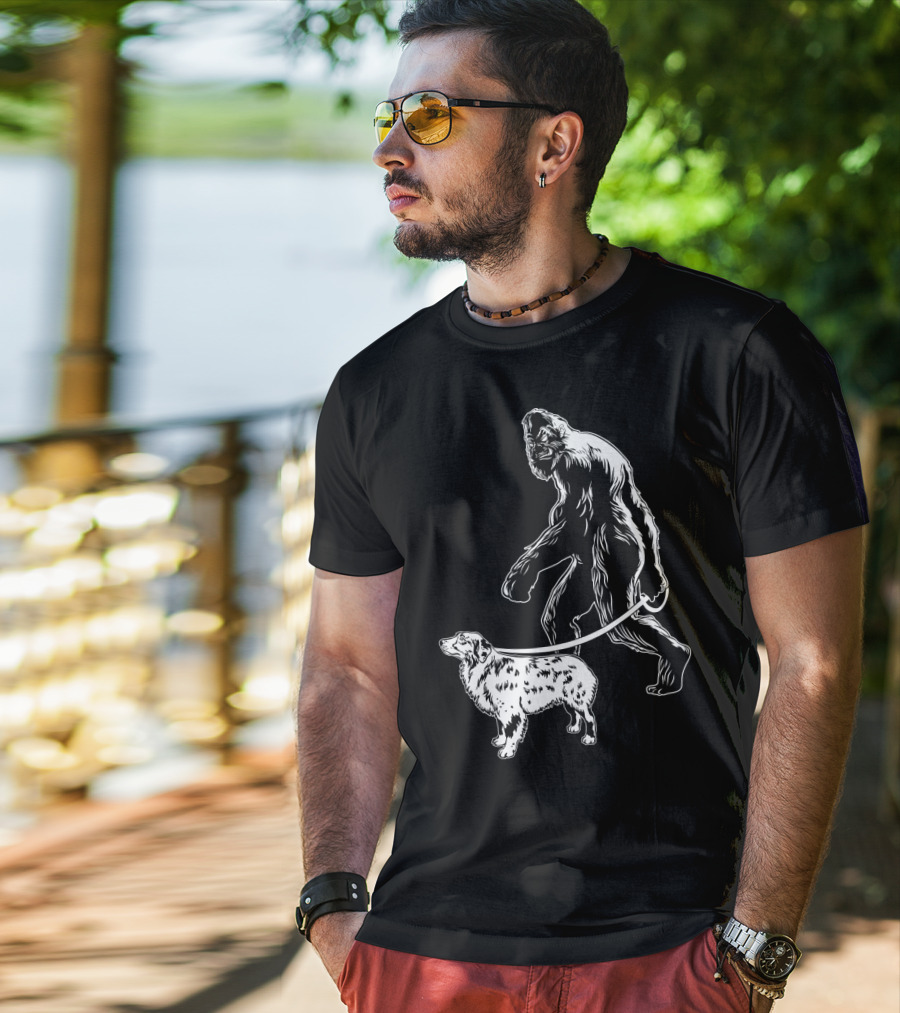 Bigfoot Walking Australian Shepherd Dog T-Shirt