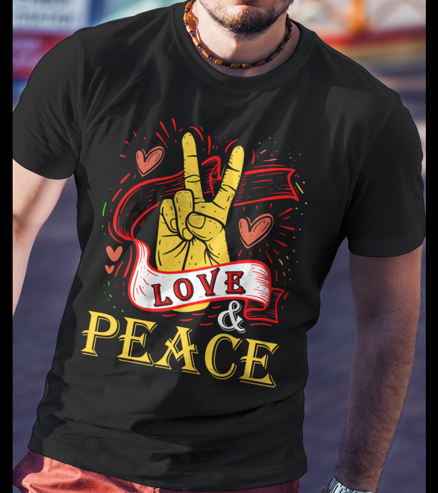 LOVE And PEACE Hand Gesture With Hearts And Banner T-Shirt