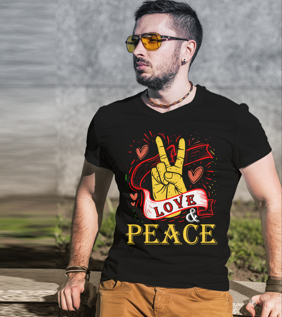 LOVE And PEACE Hand Gesture With Hearts And Banner T-Shirt