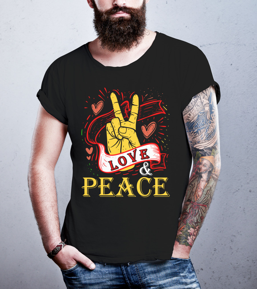 LOVE And PEACE Hand Gesture With Hearts And Banner T-Shirt