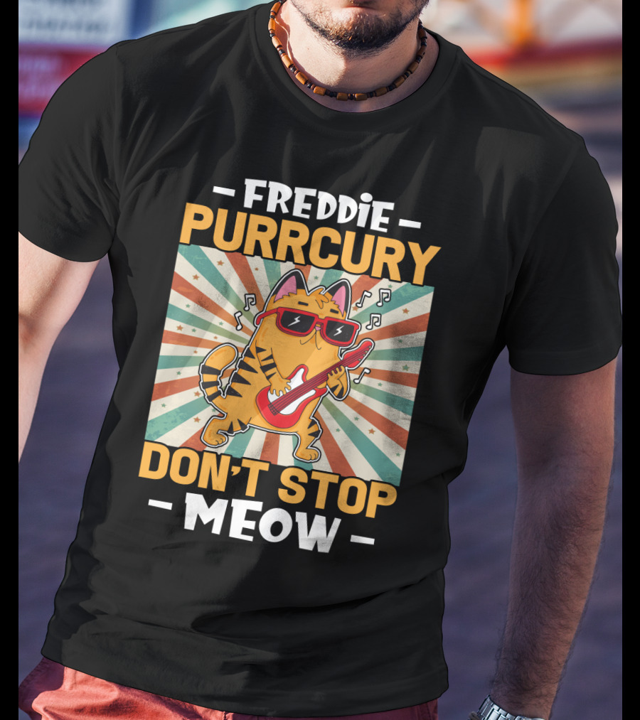 Freddie Purrcury Don't Stop Meow Cat With Guitar Retro Music Vibes T-Shirt