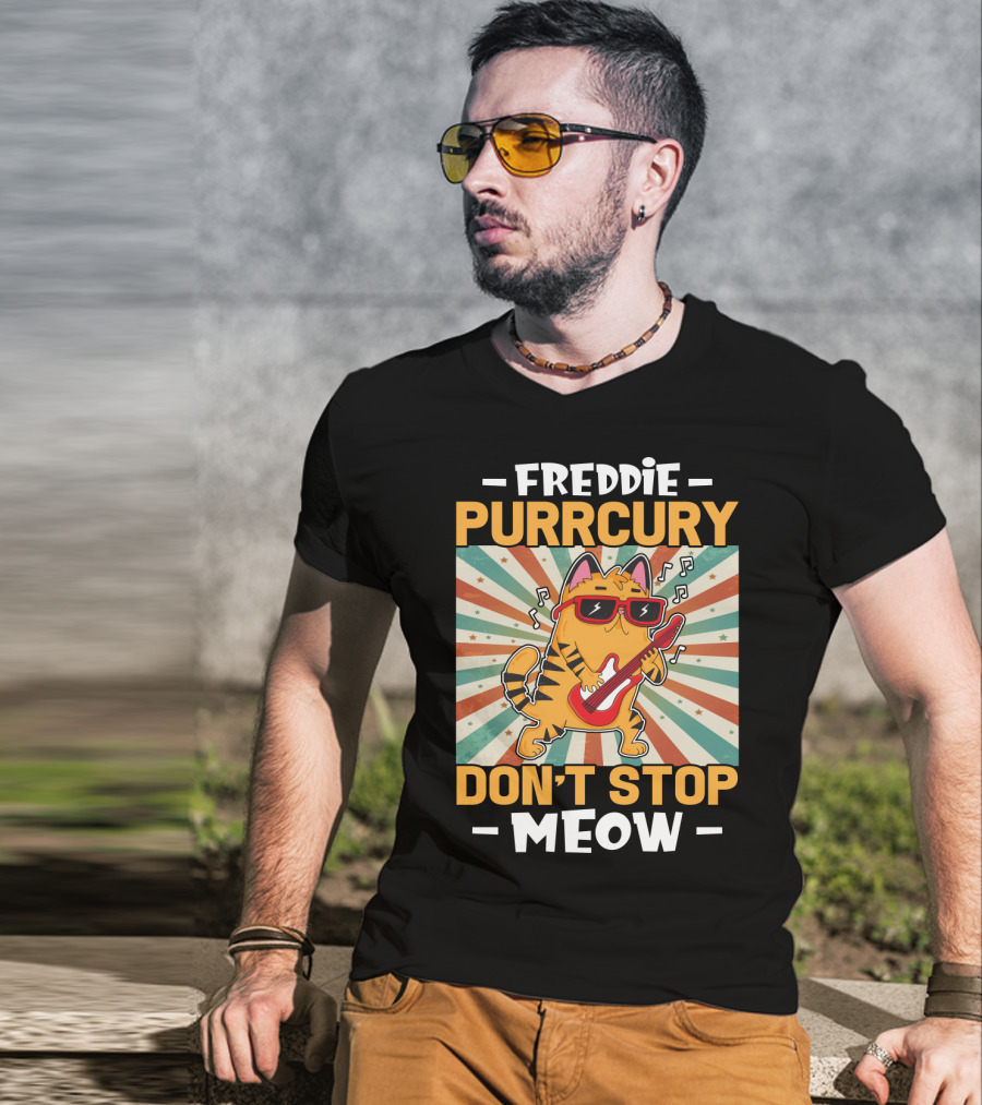 Freddie Purrcury Don't Stop Meow Cat With Guitar Retro Music Vibes T-Shirt