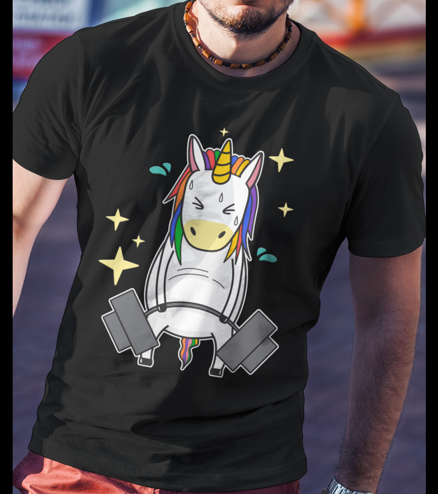 Unicorn Weightlifting Fitness Gym Sweat Rainbow Mane Stars T-Shirt
