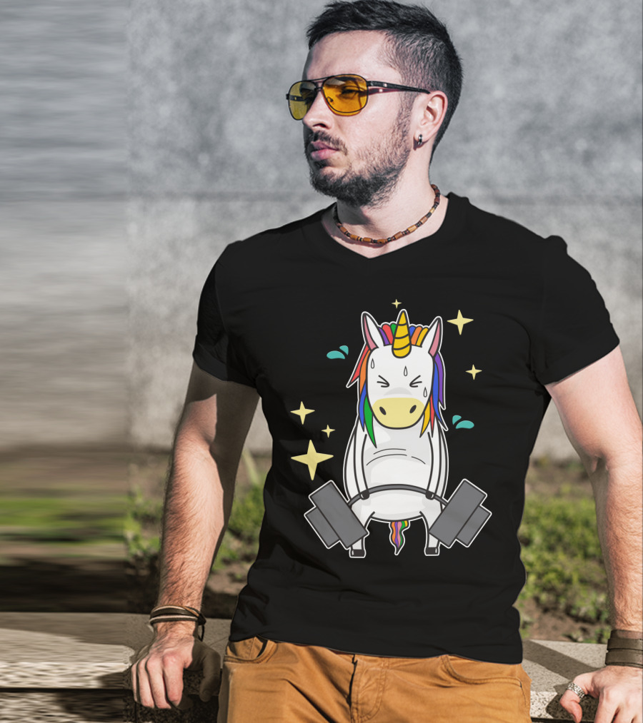 Unicorn Weightlifting Fitness Gym Sweat Rainbow Mane Stars T-Shirt
