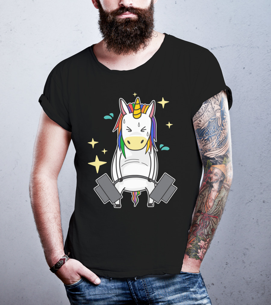 Unicorn Weightlifting Fitness Gym Sweat Rainbow Mane Stars T-Shirt