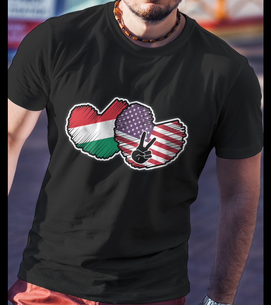 Peace Sign With Hungarian And American Heart-Shaped National Flags T-Shirt