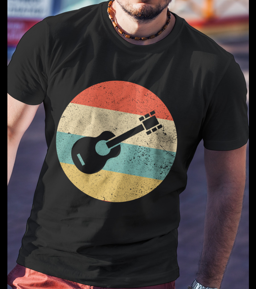 Vintage Retro Guitar Silhouette With Striped Circle T-Shirt
