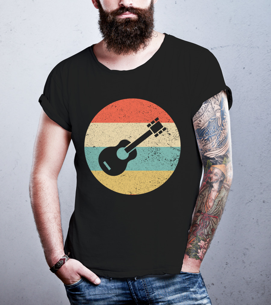 Vintage Retro Guitar Silhouette With Striped Circle T-Shirt