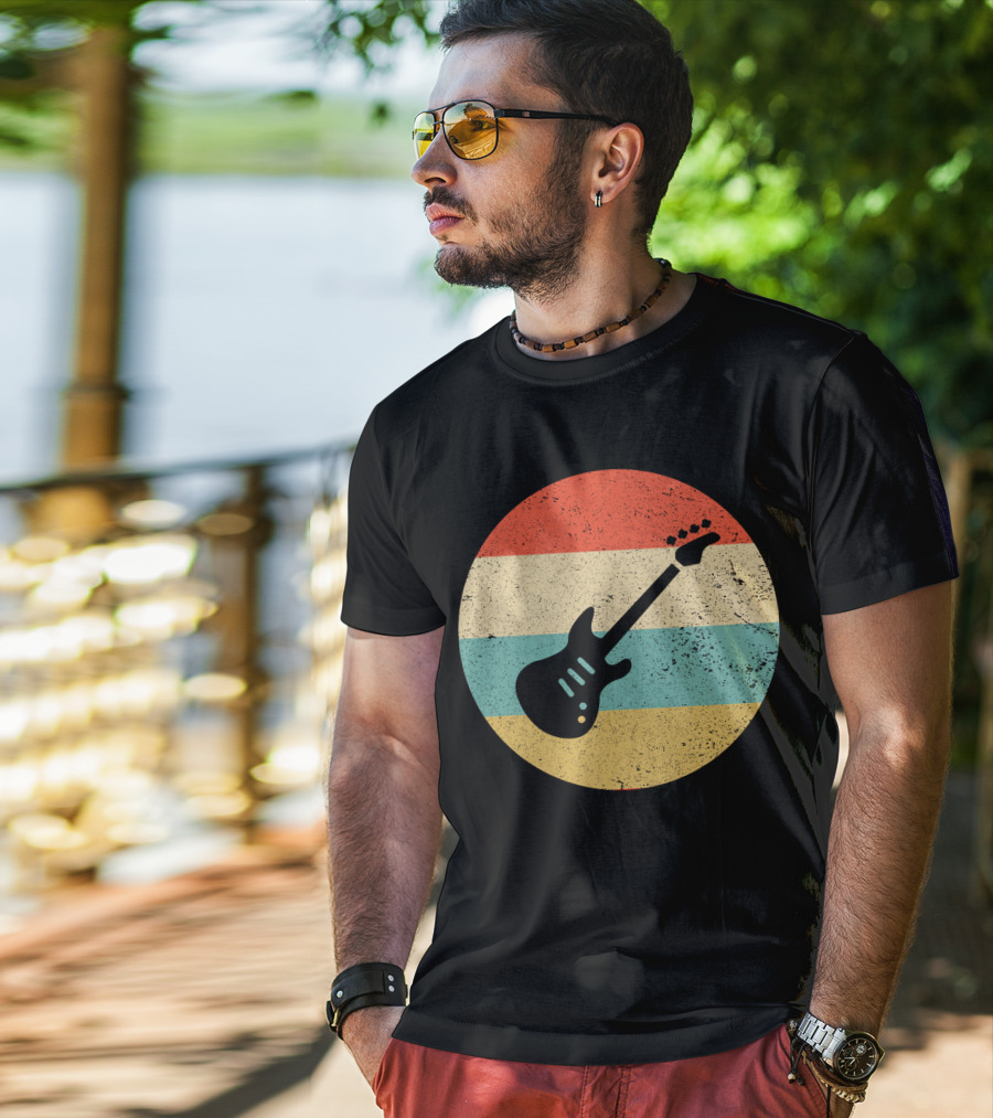 Vintage Retro Bass Guitar Silhouette Sunset Stripes T-Shirt