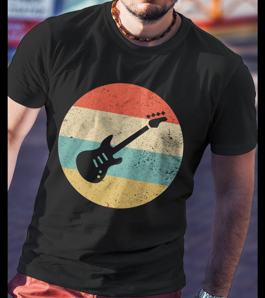 Vintage Retro Bass Guitar Silhouette Sunset Stripes T-Shirt