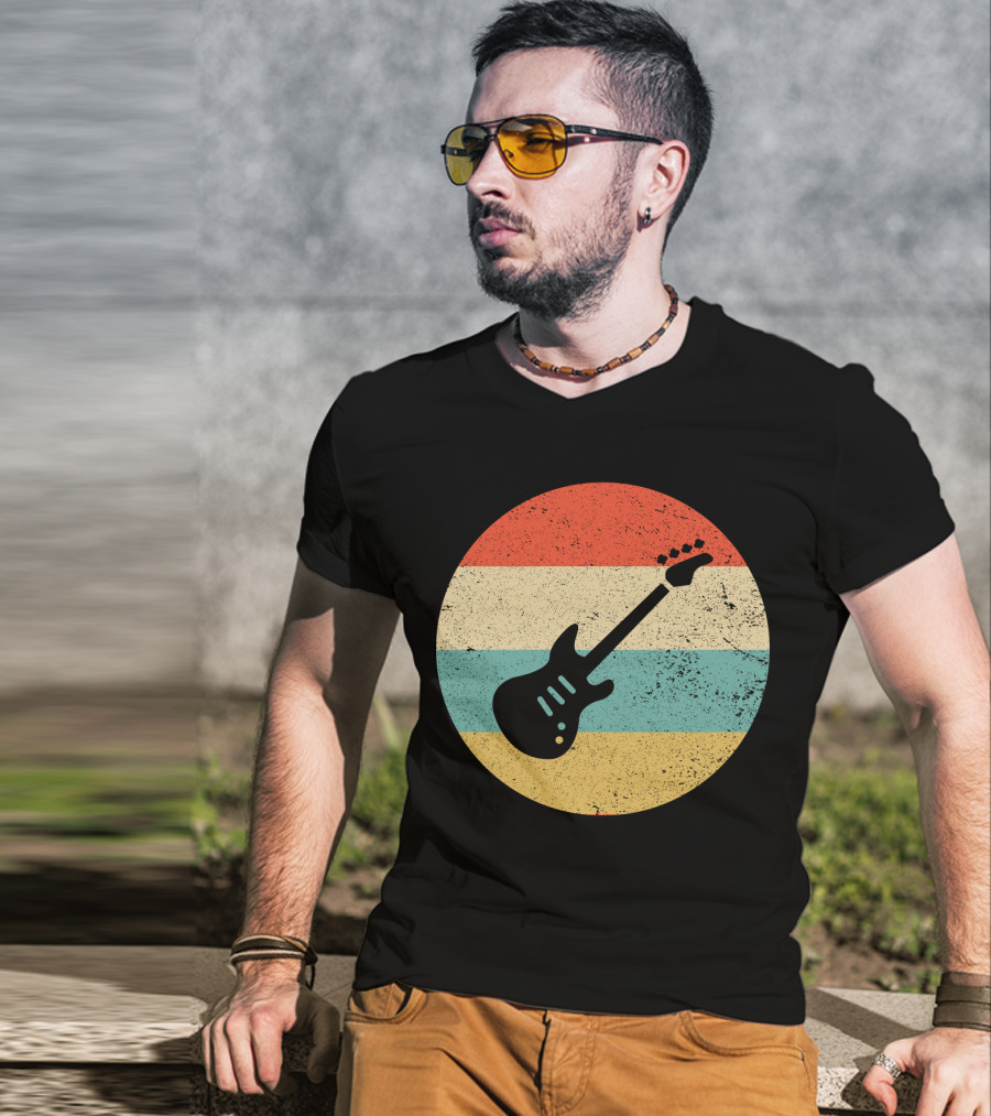 Vintage Retro Bass Guitar Silhouette Sunset Stripes T-Shirt