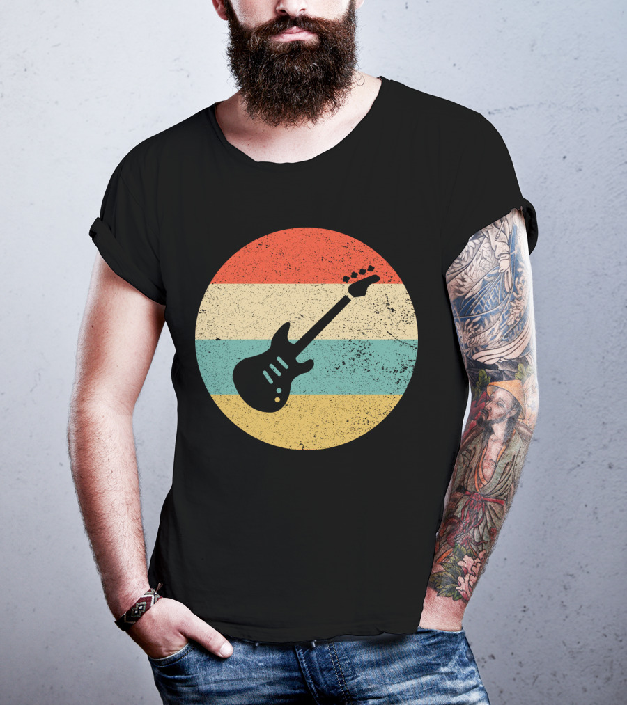 Vintage Retro Bass Guitar Silhouette Sunset Stripes T-Shirt