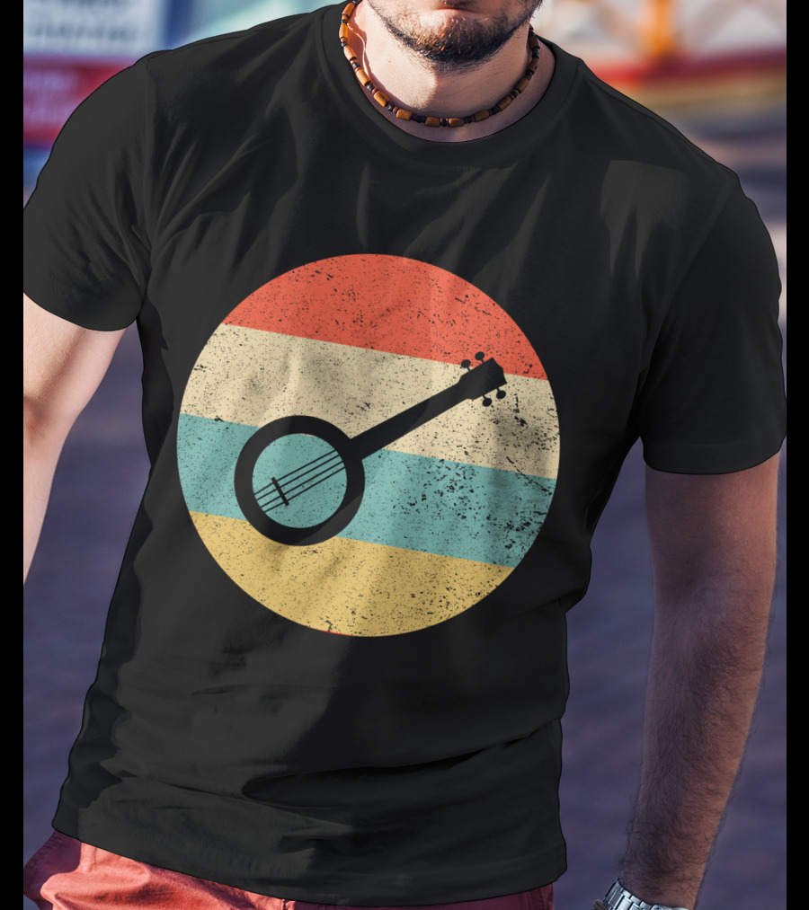 Retro Banjo Silhouette On Vintage Striped Circle T-Shirt