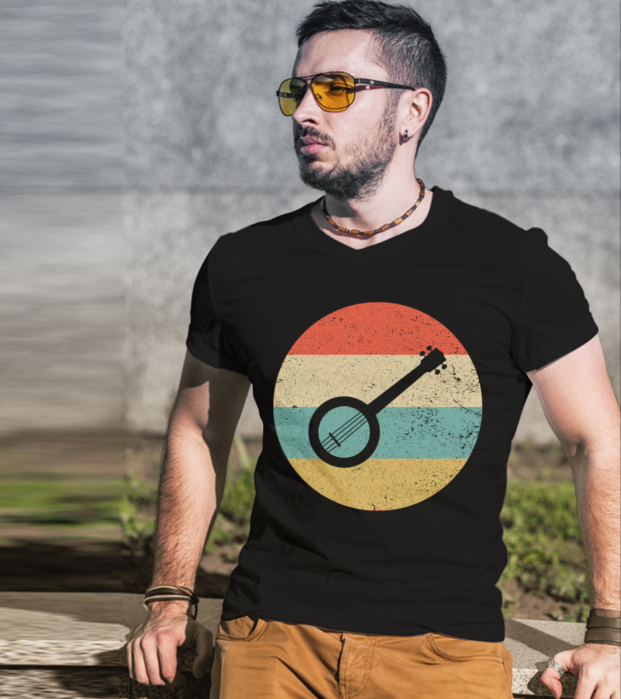 Retro Banjo Silhouette On Vintage Striped Circle T-Shirt