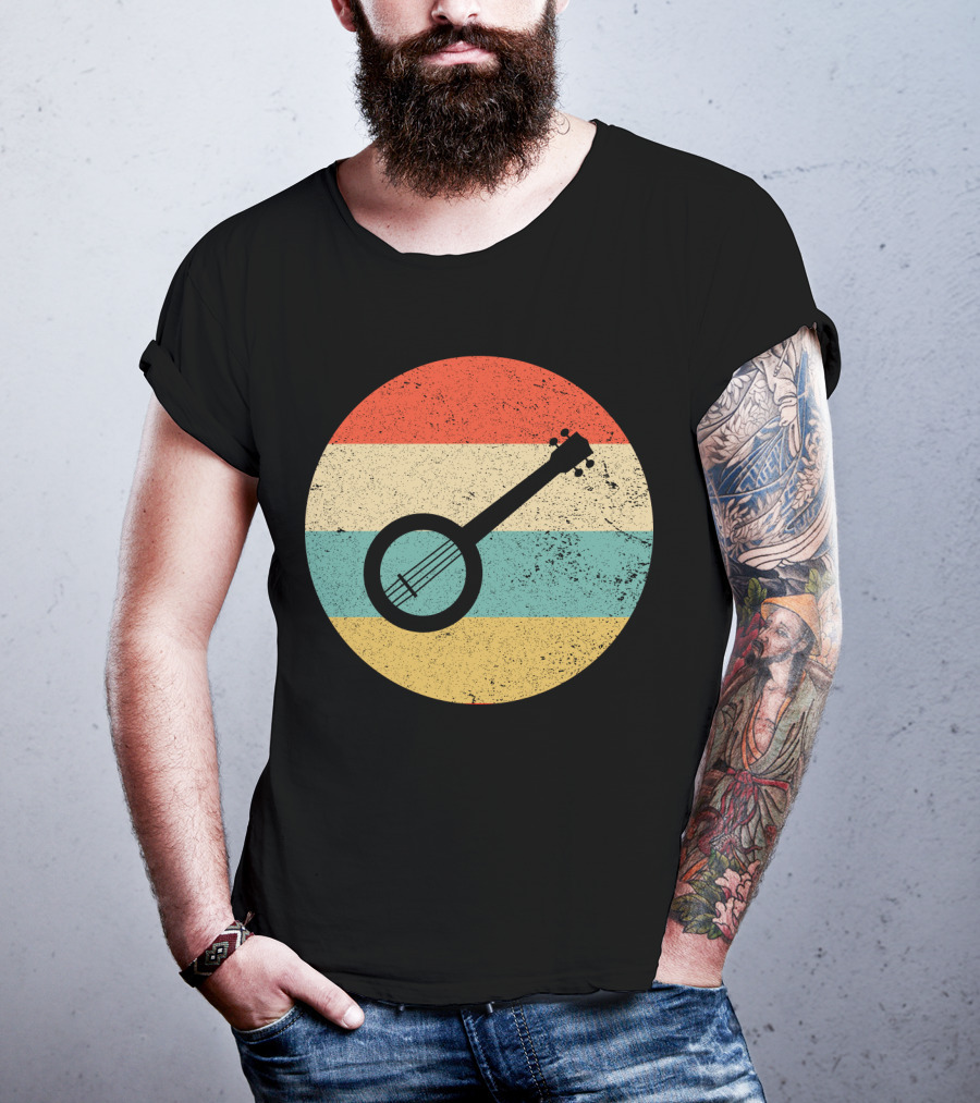 Retro Banjo Silhouette On Vintage Striped Circle T-Shirt