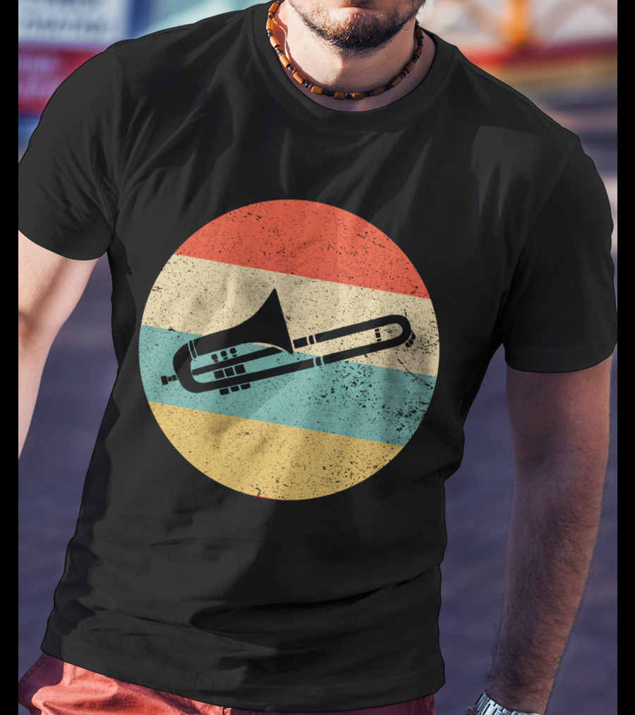 Vintage Retro Trombone Graphic On Striped Circle Background T-Shirt