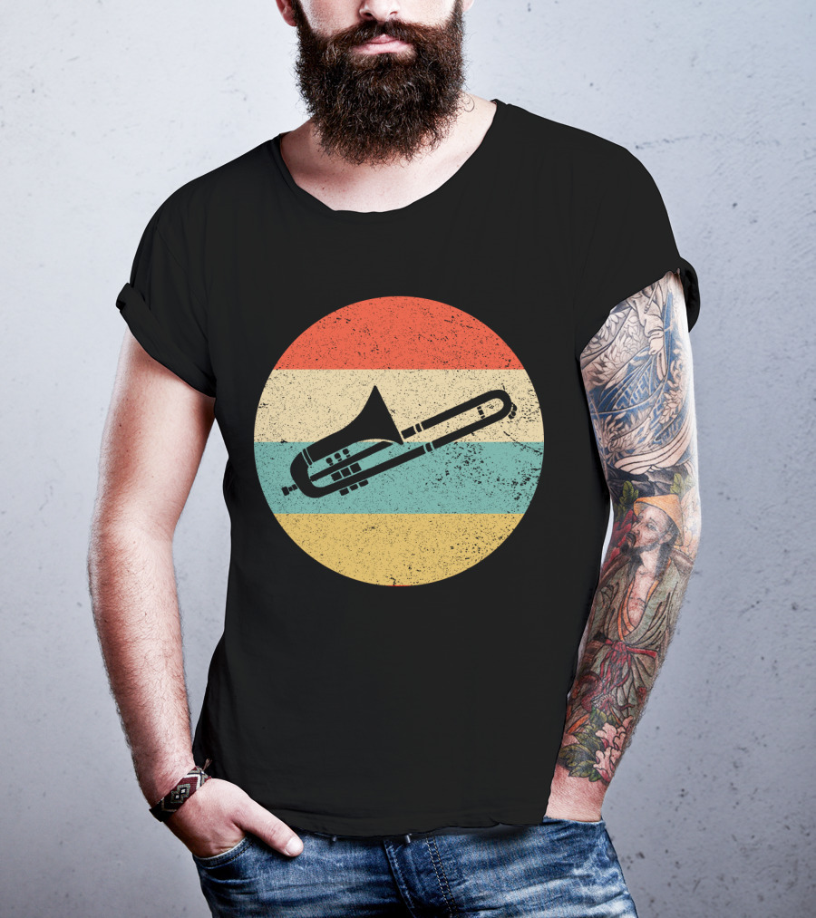 Vintage Retro Trombone Graphic On Striped Circle Background T-Shirt