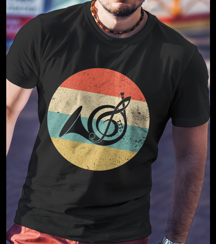 Vintage Retro Treble Clef French Horn Circle T-Shirt