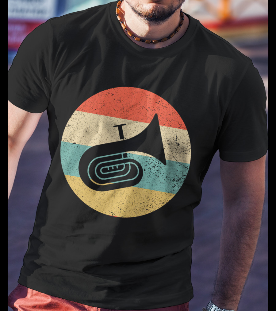 Vintage Retro Tuba Circle With Distressed Rainbow Stripes Background T-Shirt