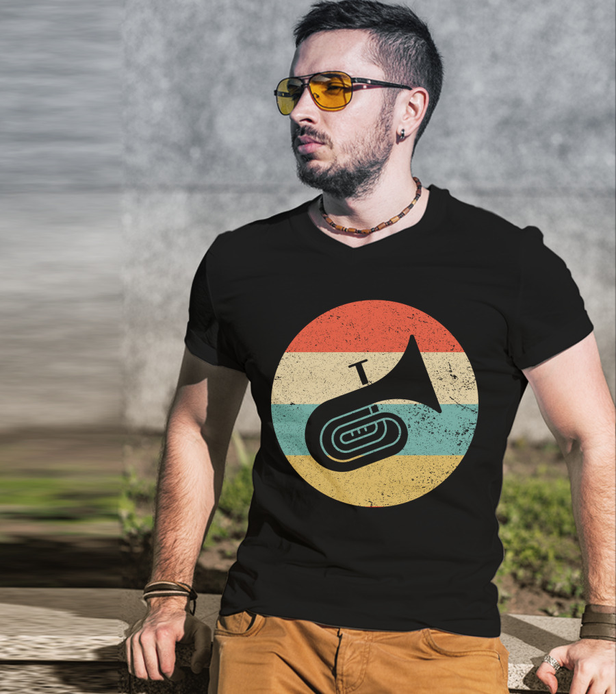 Vintage Retro Tuba Circle With Distressed Rainbow Stripes Background T-Shirt