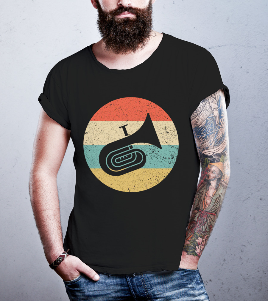 Vintage Retro Tuba Circle With Distressed Rainbow Stripes Background T-Shirt