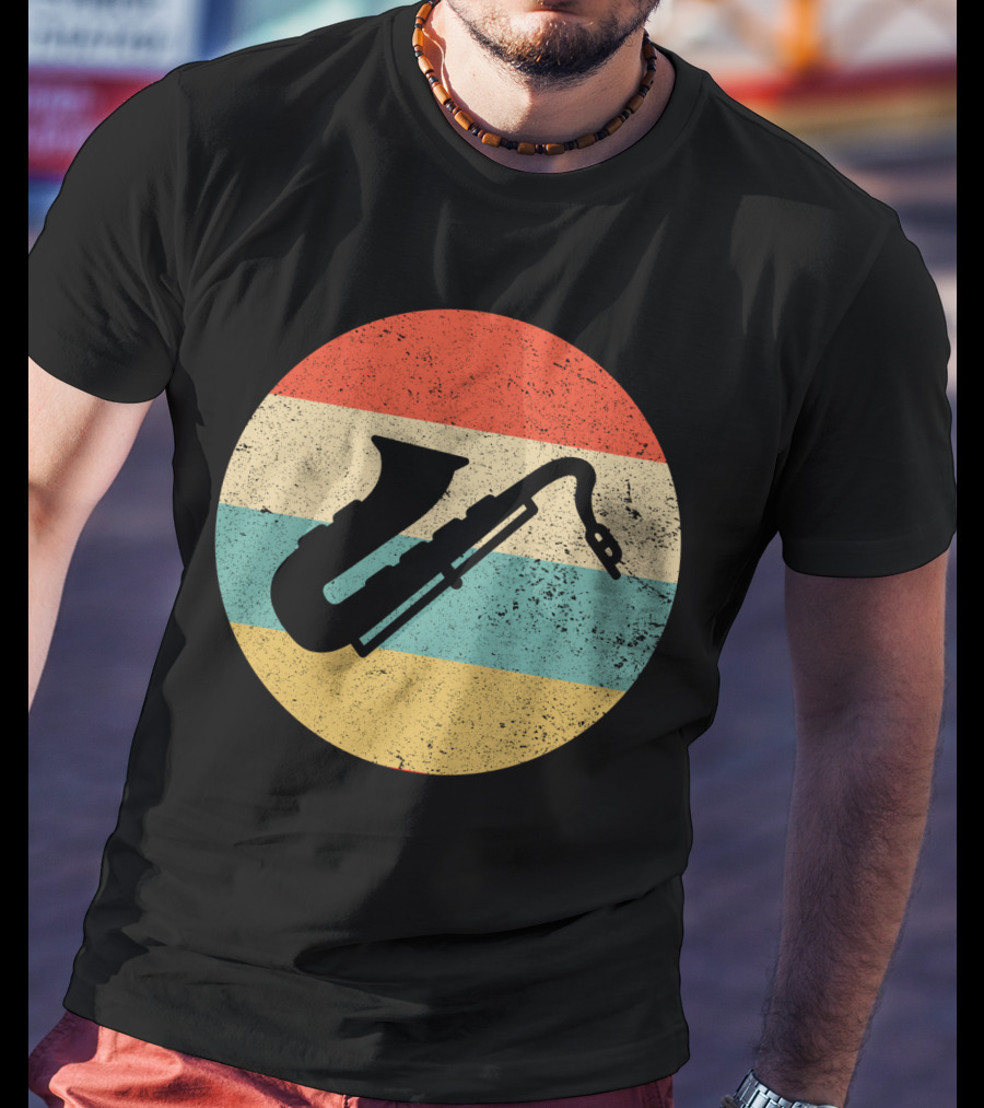 Retro Saxophone Circle Stripes Vintage T-Shirt
