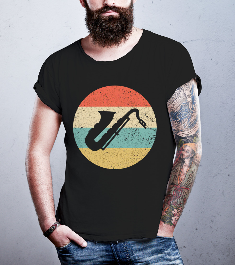 Retro Saxophone Circle Stripes Vintage T-Shirt
