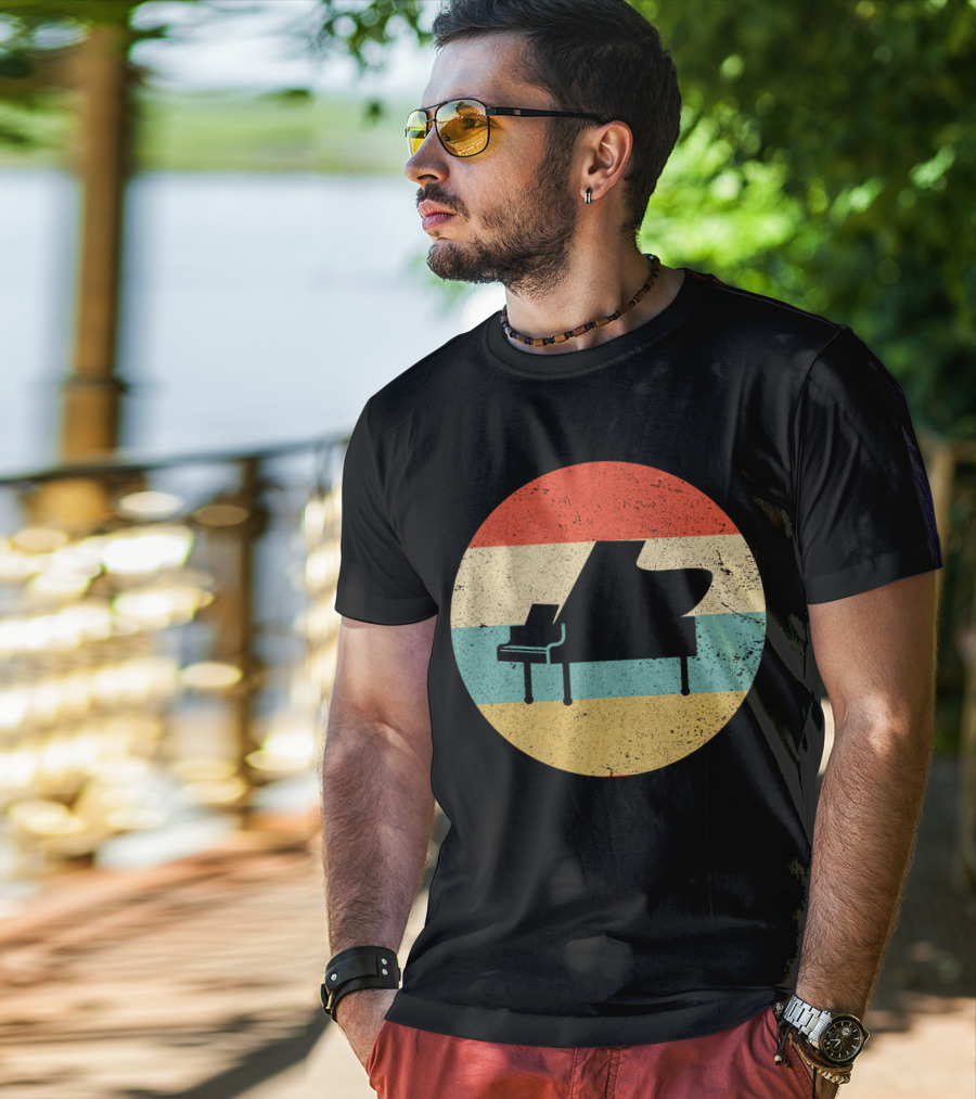 Vintage Retro Piano Silhouette With Stripes T-Shirt