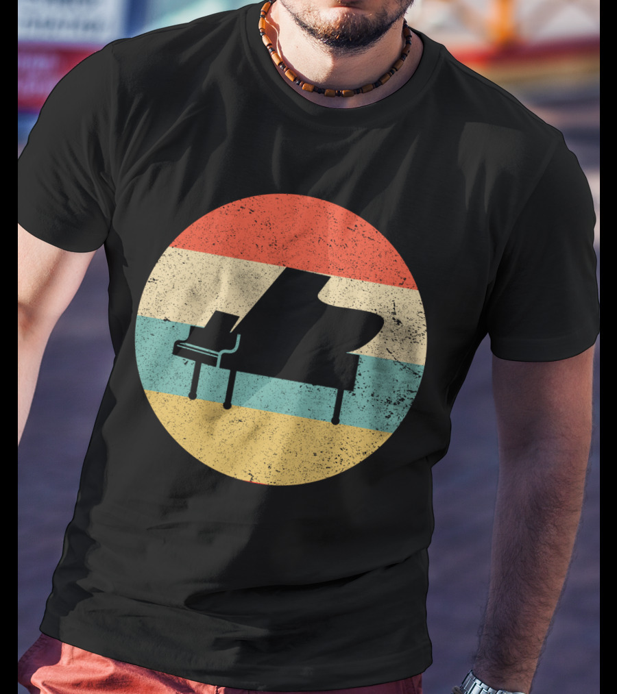 Vintage Retro Piano Silhouette With Stripes T-Shirt