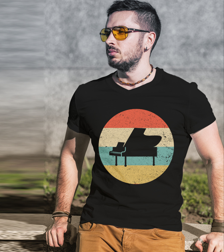 Vintage Retro Piano Silhouette With Stripes T-Shirt