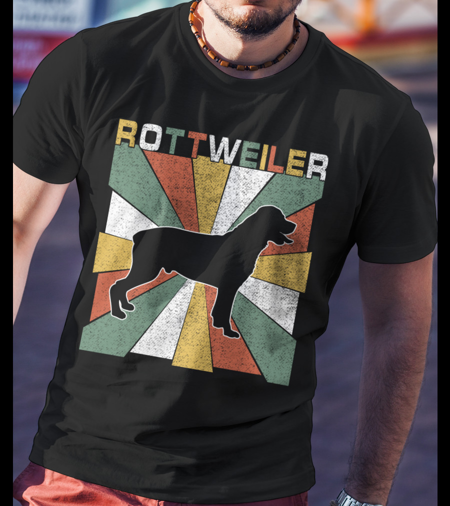 Rottweiler Dogs Retro 70s Vintage Silhouette Multicolor Stripes T-Shirt