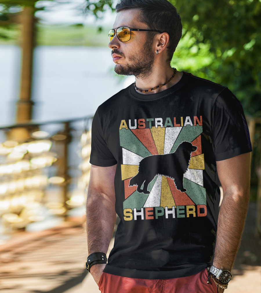 Australian Shepherd Dog Silhouette Retro 70s T-Shirt