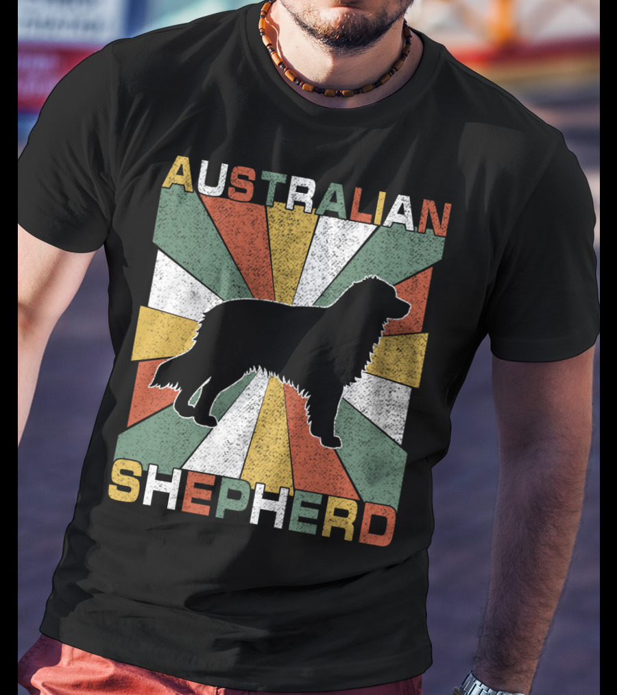 Australian Shepherd Dog Silhouette Retro 70s T-Shirt