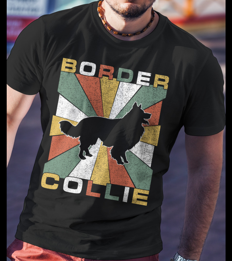 Border Collie Retro 70s Silhouette Radiant Stripes T-Shirt