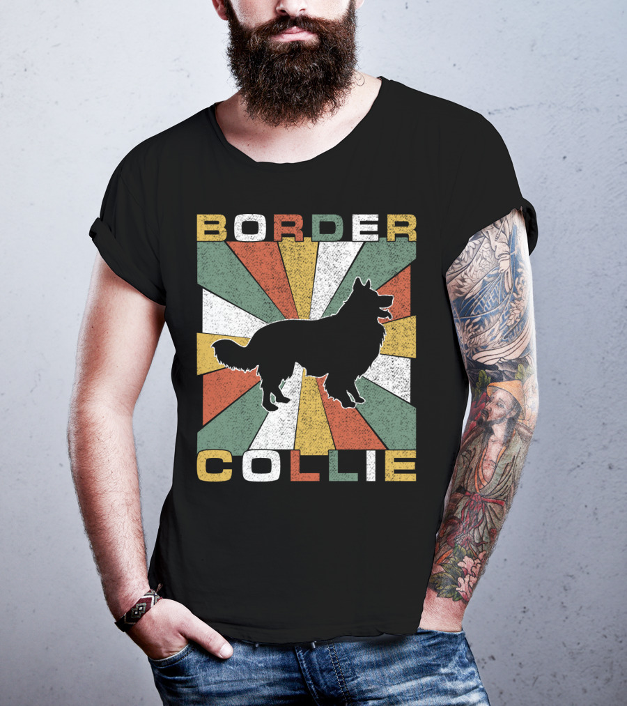 Border Collie Retro 70s Silhouette Radiant Stripes T-Shirt