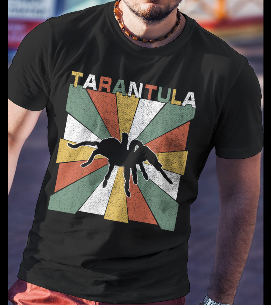 Tarantula Retro 70s Vintage Silhouette With Colorful Geometric Background T-Shirt