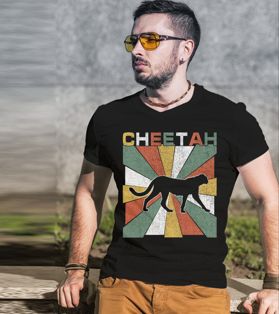 Cheetah Silhouette Retro 70s Vintage Stripes T-Shirt