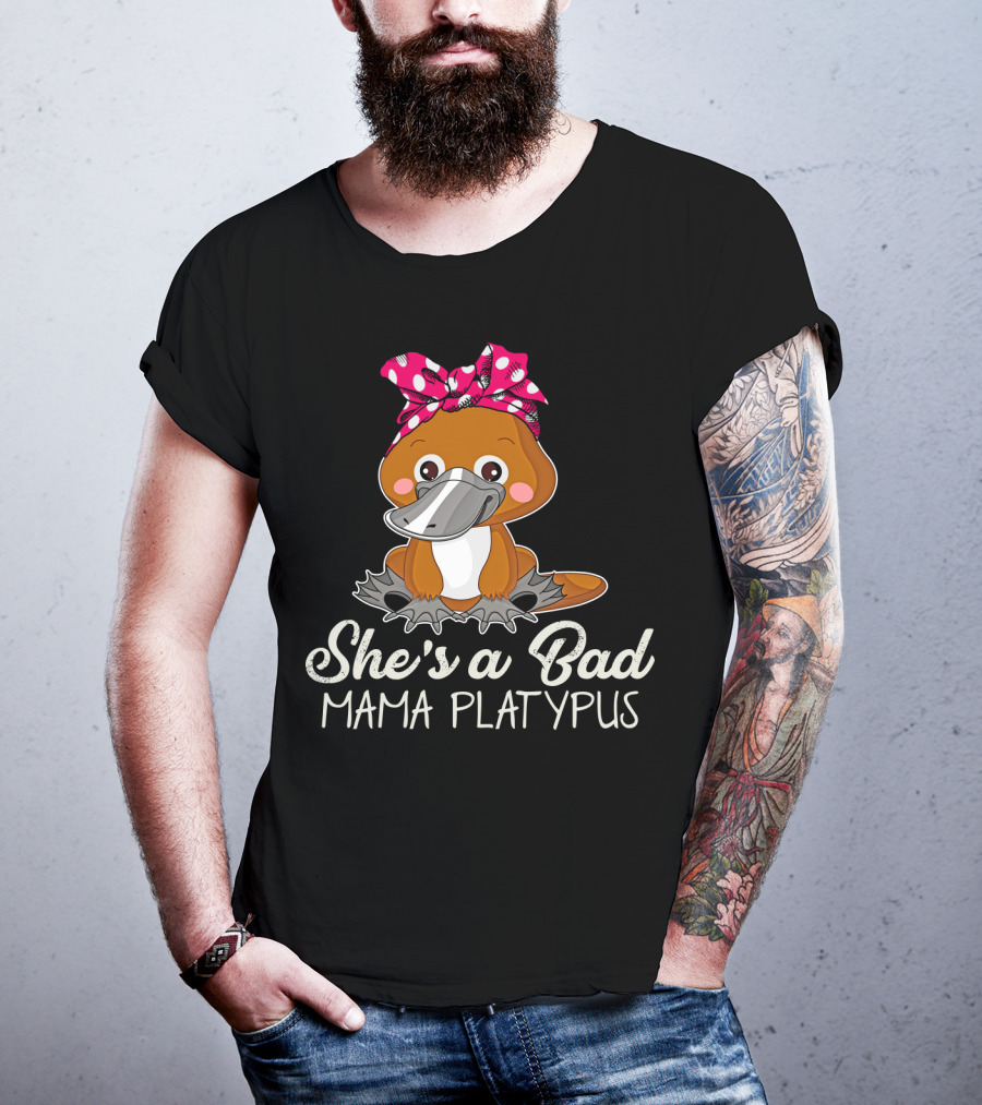 She's A Bad Mama Platypus Cute Cartoon Character With Pink Polka Dot Bow T-Shirt