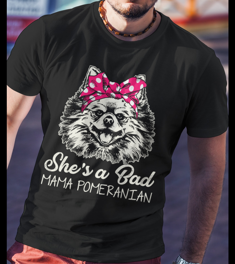 She's A Bad Mama Pomeranian Red Polka Dot Bow T-Shirt
