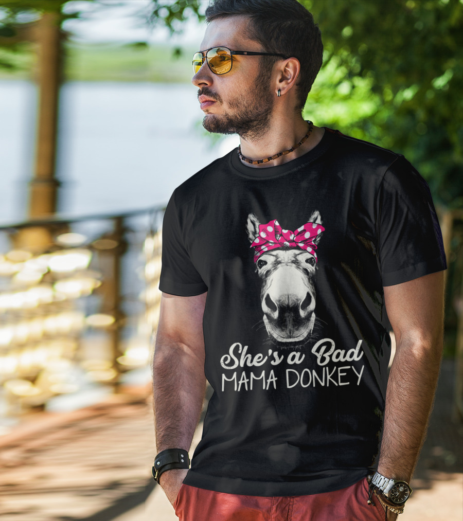 She's A Bad Mama Donkey With Pink Polka Dot Bandana T-Shirt