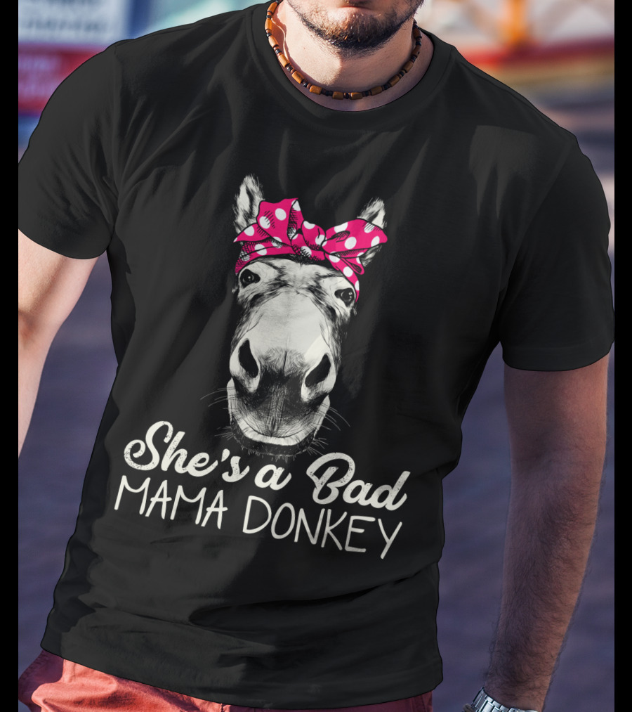 She's A Bad Mama Donkey With Pink Polka Dot Bandana T-Shirt