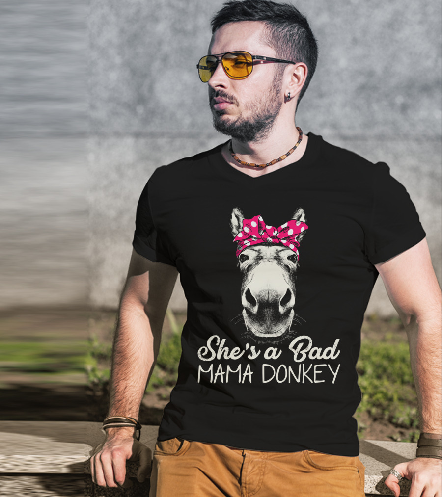 She's A Bad Mama Donkey With Pink Polka Dot Bandana T-Shirt