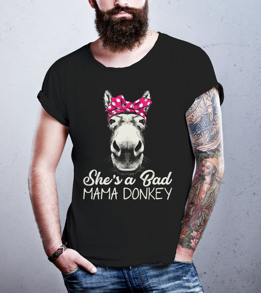 She's A Bad Mama Donkey With Pink Polka Dot Bandana T-Shirt