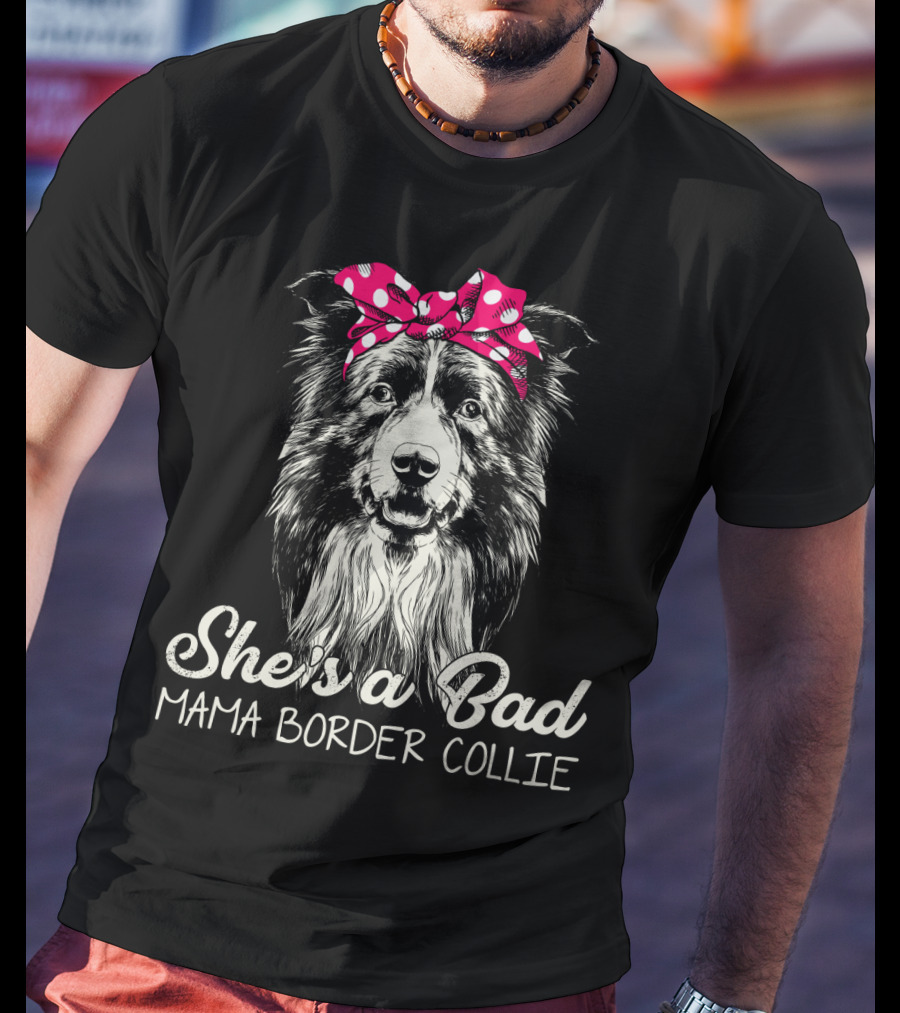 She's A Bad Mama Border Collie Retro Polka Dot Bandana T-Shirt