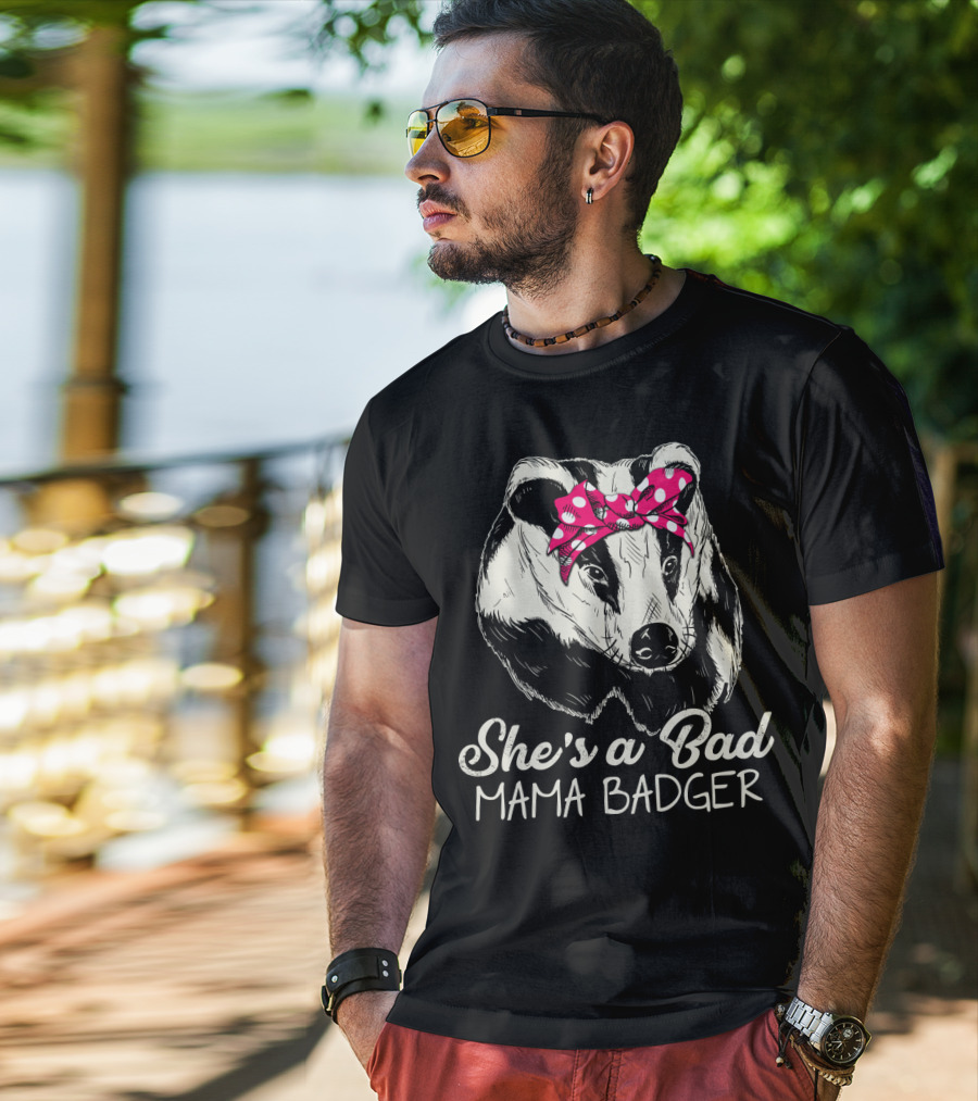 She's A Bad Mama Badger With Pink Polka Dot Bow T-Shirt